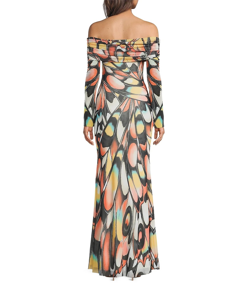 AFRM Theana Butterfly Printed Off-the-Shoulder Long Sleeve Bodycon Mesh Maxi Dress