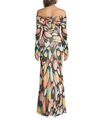 AFRM Theana Butterfly Printed Off-the-Shoulder Long Sleeve Bodycon Mesh Maxi Dress