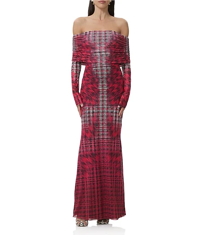 AFRM Thelma Houndstooth Print Off The Shoulder Long Sleeve Mesh Maxi Dress