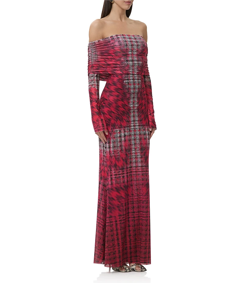 AFRM Thelma Houndstooth Print Off The Shoulder Long Sleeve Mesh Maxi Dress