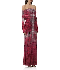 AFRM Thelma Houndstooth Print Off The Shoulder Long Sleeve Mesh Maxi Dress