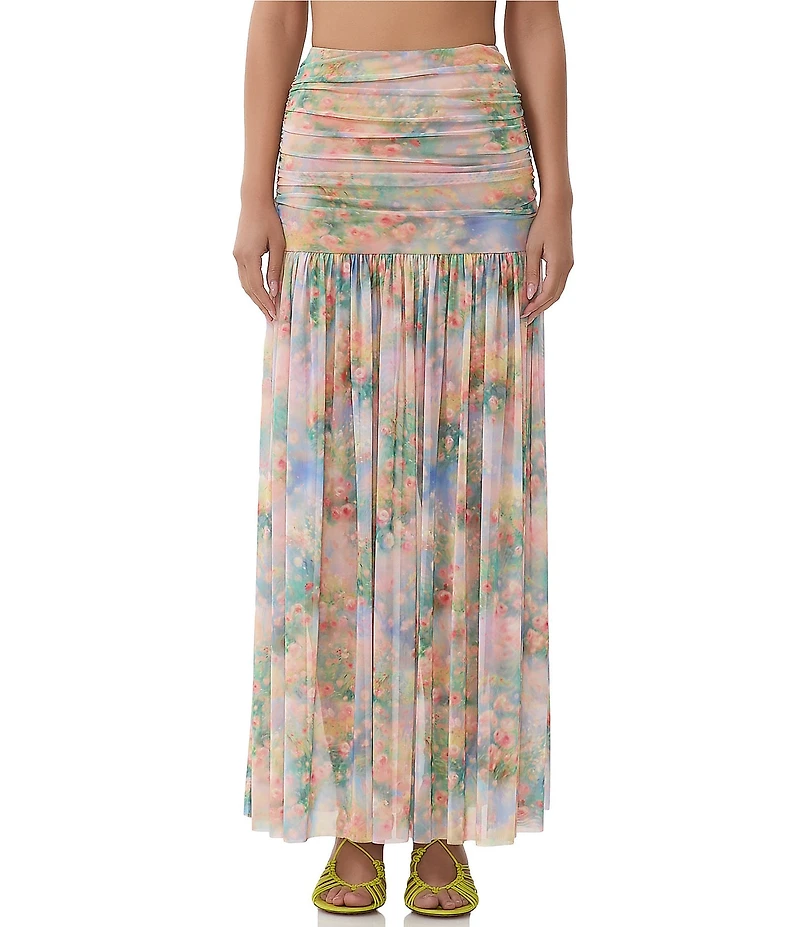 AFRM Val Floral Print Ruched Mesh Pleated Skirt