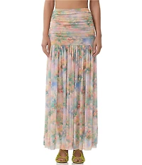 AFRM Val Floral Print Ruched Mesh Pleated Skirt