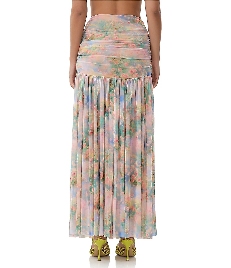 AFRM Val Floral Print Ruched Mesh Pleated Skirt