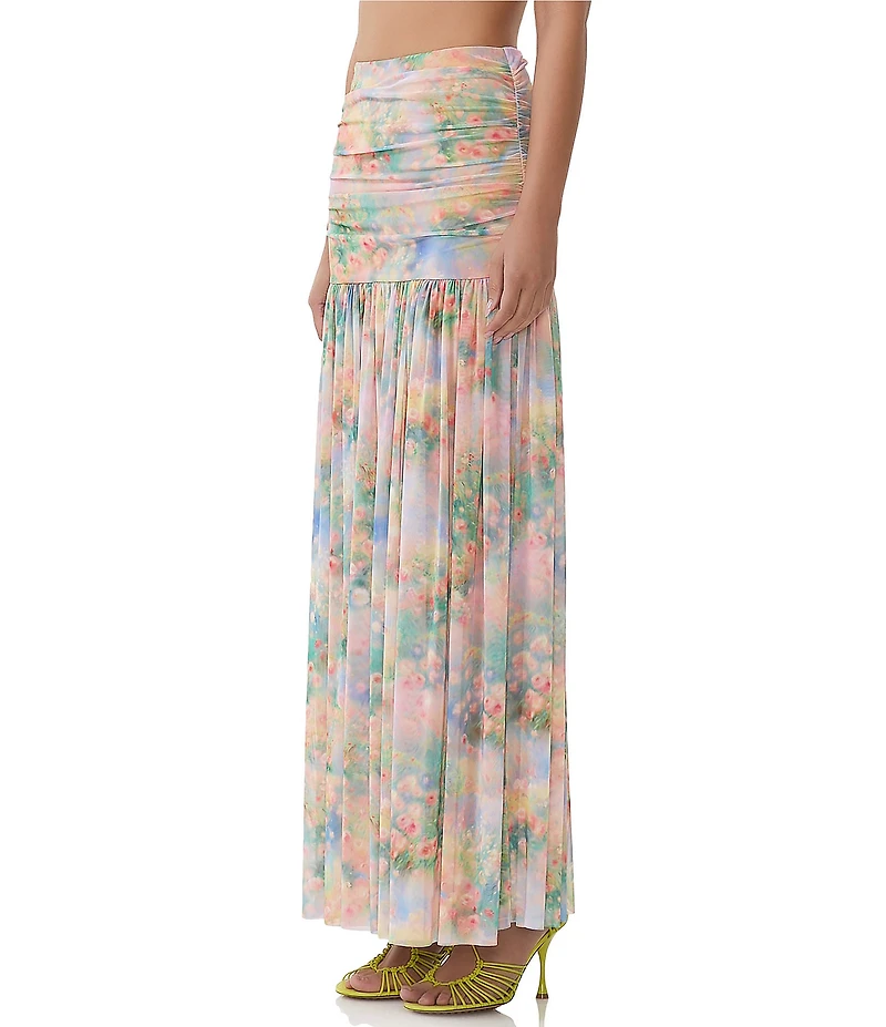AFRM Val Floral Print Ruched Mesh Pleated Skirt