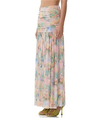 AFRM Val Floral Print Ruched Mesh Pleated Skirt