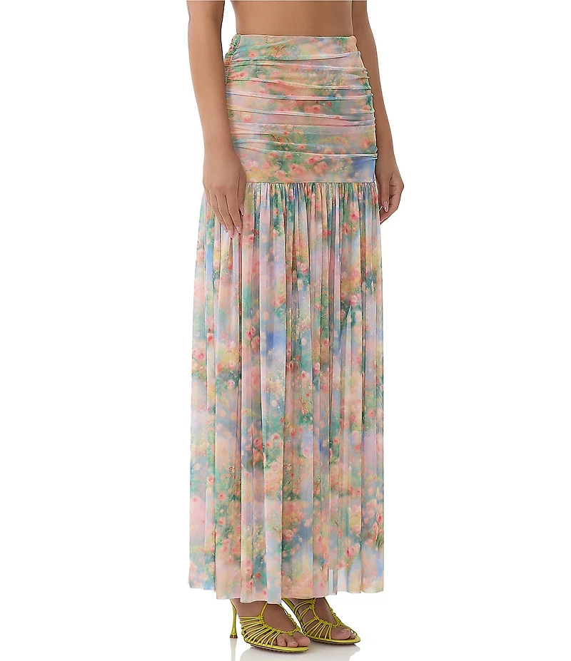 AFRM Val Floral Print Ruched Mesh Pleated Skirt