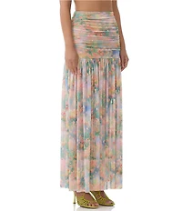 AFRM Val Floral Print Ruched Mesh Pleated Skirt