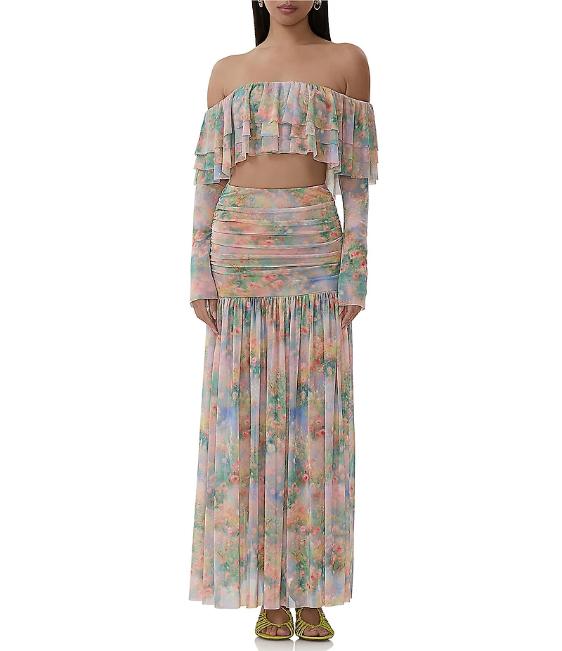 AFRM Val Floral Print Ruched Mesh Pleated Skirt