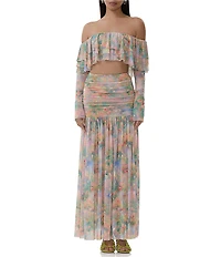 AFRM Val Floral Print Ruched Mesh Pleated Skirt