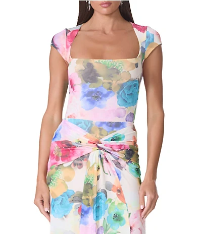 AFRM Winona Watercolor Blossom Printed Square Neck Cap Sleeve Mesh Coordinating Tee