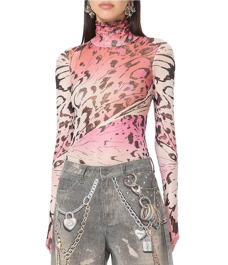 AFRM Zadie Butterfly Printed Mock Neck Long Sleeve Mesh Top