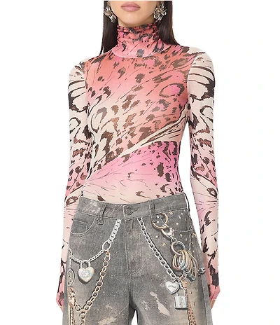 AFRM Zadie Butterfly Printed Mock Neck Long Sleeve Mesh Top