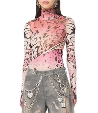 AFRM Zadie Butterfly Printed Mock Neck Long Sleeve Mesh Top