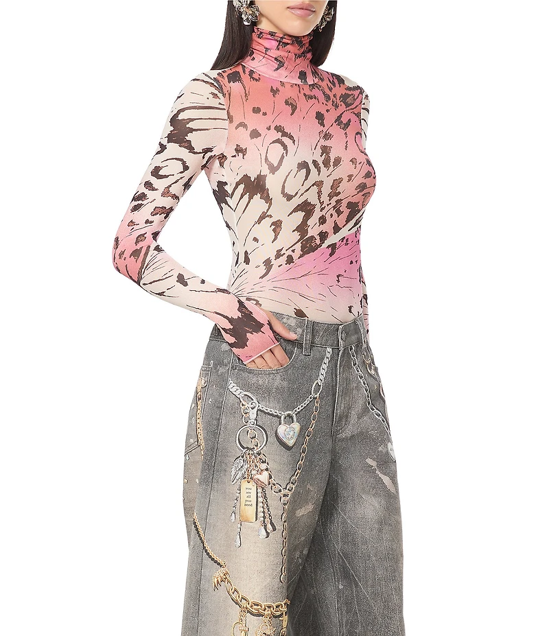 AFRM Zadie Butterfly Printed Mock Neck Long Sleeve Mesh Top