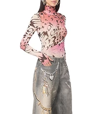 AFRM Zadie Butterfly Printed Mock Neck Long Sleeve Mesh Top