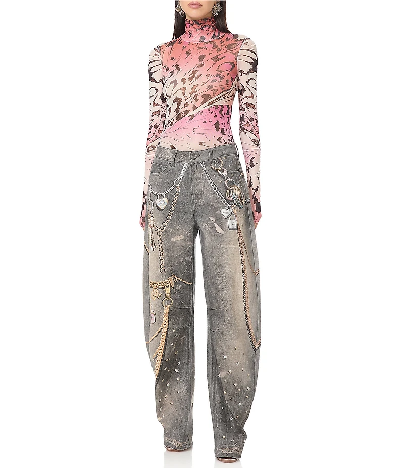 AFRM Zadie Butterfly Printed Mock Neck Long Sleeve Mesh Top