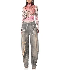 AFRM Zadie Butterfly Printed Mock Neck Long Sleeve Mesh Top