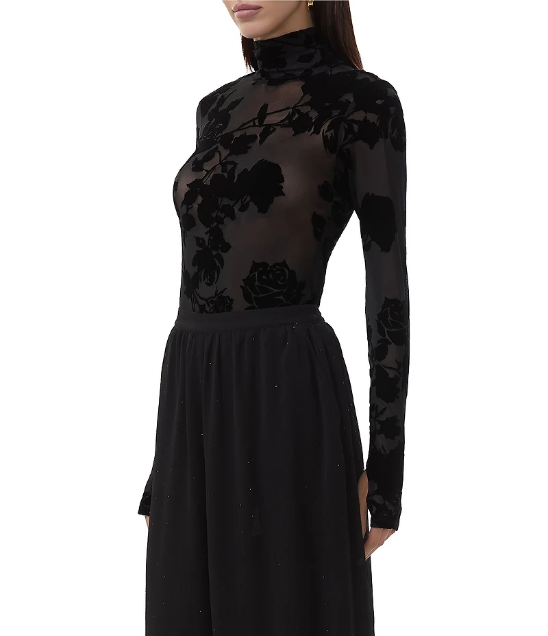 AFRM Zadie Coordinating Floral Flocked Mock Neck Long Sleeve Mesh Top