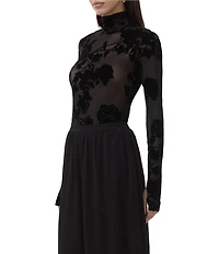 AFRM Zadie Coordinating Floral Flocked Mock Neck Long Sleeve Mesh Top