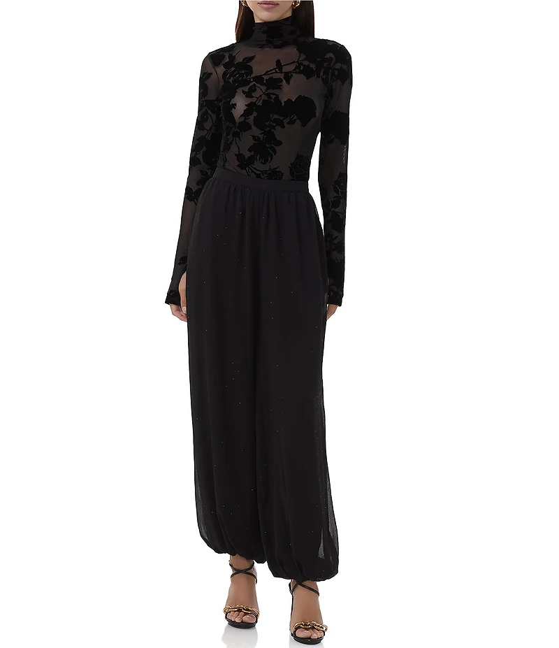 AFRM Zadie Coordinating Floral Flocked Mock Neck Long Sleeve Mesh Top