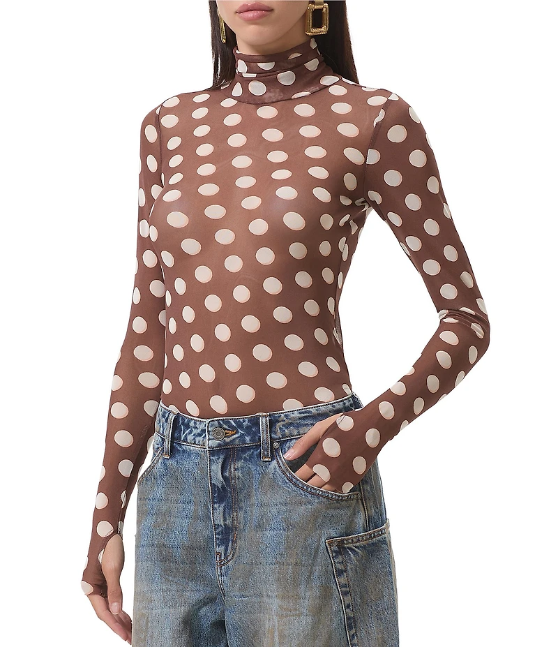 AFRM Zadie Dot Print Mock Neck Long Sleeve Mesh Top