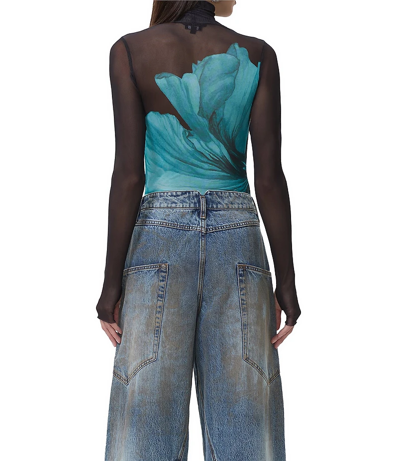 AFRM Zadie Flower Print Mock Neck Long Sleeve Mesh Top