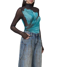 AFRM Zadie Flower Print Mock Neck Long Sleeve Mesh Top