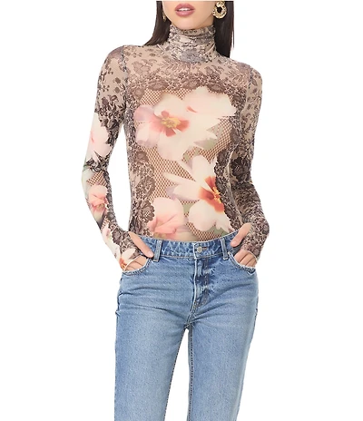 AFRM Zadie Lace Floral Mix Print Mock Neck Long Sleeve Mesh Top