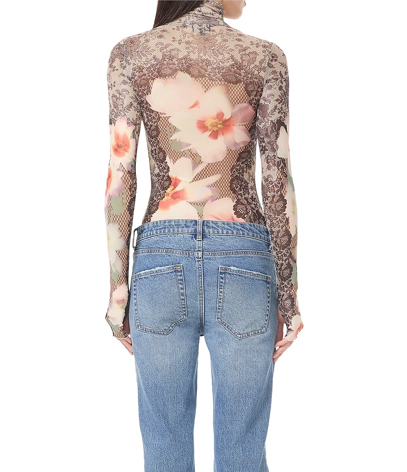 AFRM Zadie Lace Floral Mix Print Mock Neck Long Sleeve Mesh Top