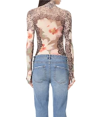 AFRM Zadie Lace Floral Mix Print Mock Neck Long Sleeve Mesh Top