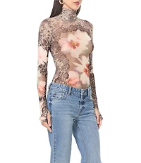 AFRM Zadie Lace Floral Mix Print Mock Neck Long Sleeve Mesh Top