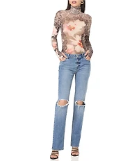AFRM Zadie Lace Floral Mix Print Mock Neck Long Sleeve Mesh Top