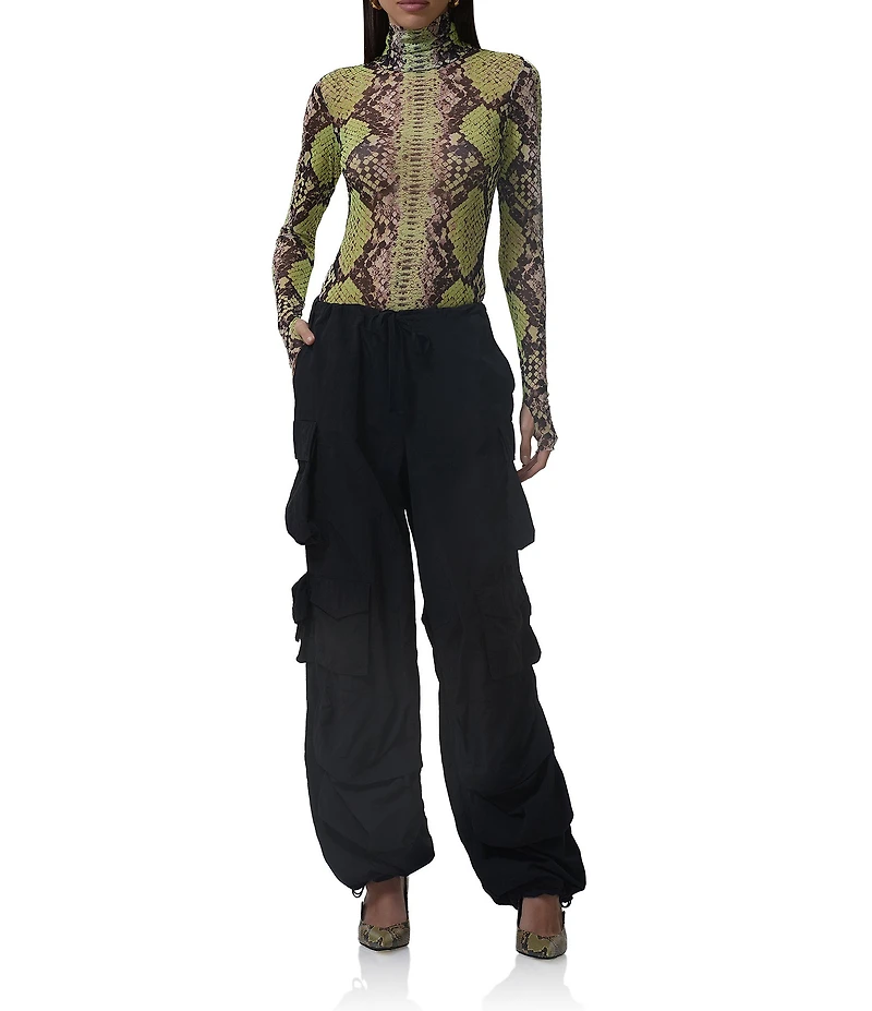 AFRM Zadie Snake Print Mock Neck Long Sleeve Mesh Top