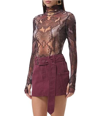 AFRM Zadie Snake Print Mock Neck Long Sleeve Mesh Top