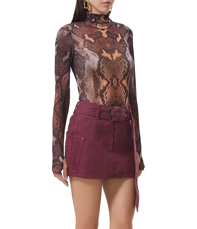 AFRM Zadie Snake Print Mock Neck Long Sleeve Mesh Top