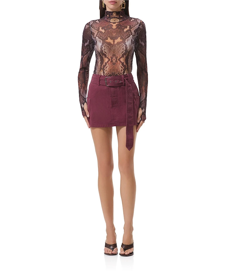 AFRM Zadie Snake Print Mock Neck Long Sleeve Mesh Top
