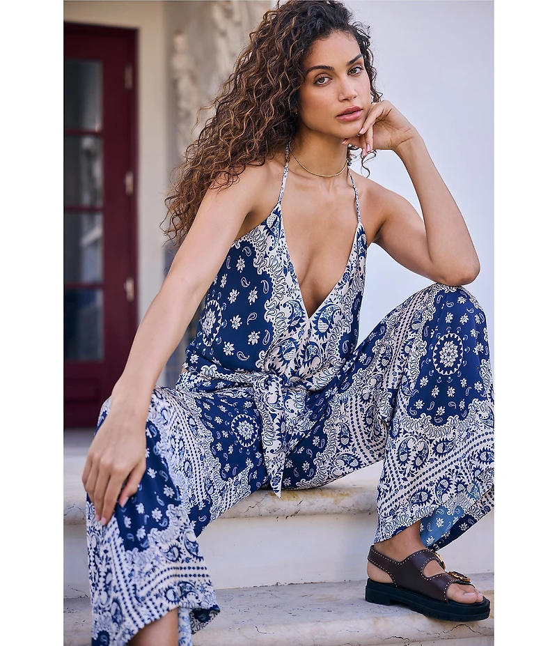 Agua Bendita Coordinating Harmony Scarf Print Halter V-Neck Sleeveless Tie Front Top