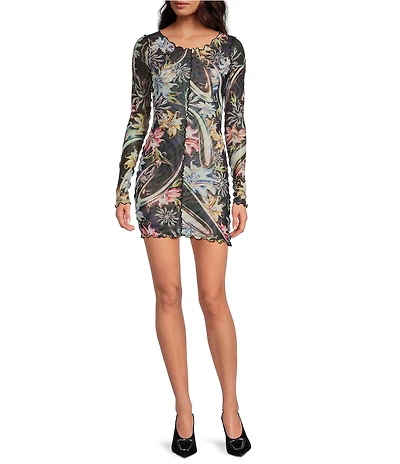 Agua Bendita Hadley Floral Mesh Boat Neck Long Sleeve Mini Dress