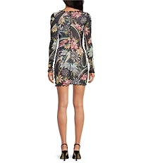 Agua Bendita Hadley Floral Mesh Boat Neck Long Sleeve Mini Dress