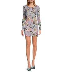 Agua Bendita Hadley Silver Printed Mesh Boat Neck Long Sleeve Mini Dress