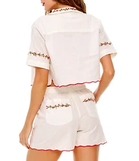 Agua Bendita Itsy Floral Embroidered Notch Collar Short Sleeve Crop Shirt