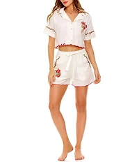 Agua Bendita Itsy Floral Embroidered Notch Collar Short Sleeve Crop Shirt