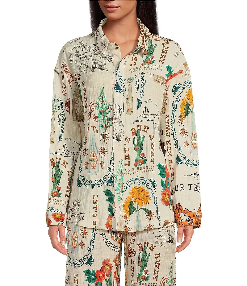 Agua Bendita Keshi Nopal Crinkle Woven Desert Print Collar Long Sleeve Button Front Top