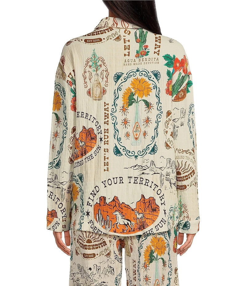 Agua Bendita Keshi Nopal Crinkle Woven Desert Print Collar Long Sleeve Button Front Top