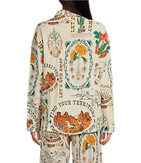 Agua Bendita Keshi Nopal Crinkle Woven Desert Print Collar Long Sleeve Button Front Top