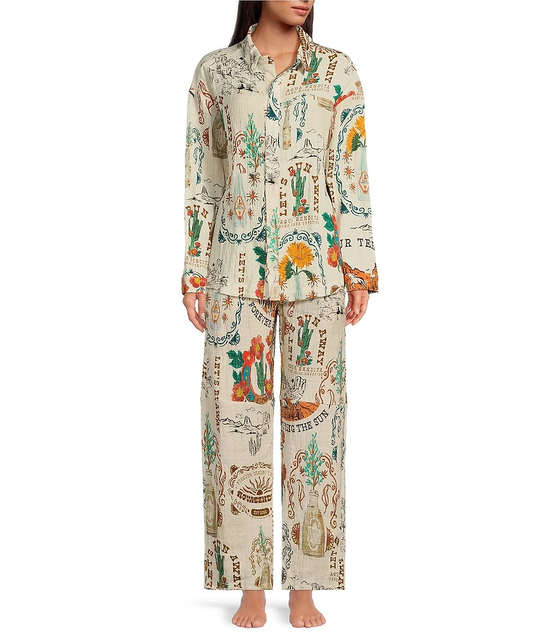 Agua Bendita Keshi Nopal Crinkle Woven Desert Print Collar Long Sleeve Button Front Top