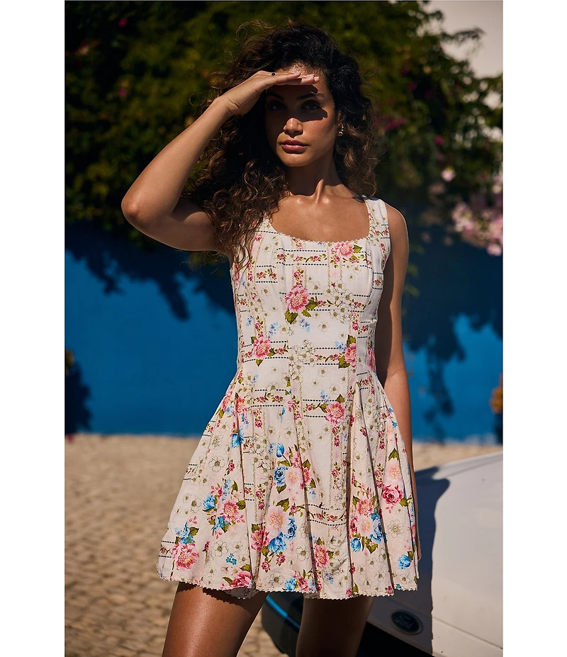 Agua Bendita Kristen Floral Print Square Neck Sleeveless Mini Dress