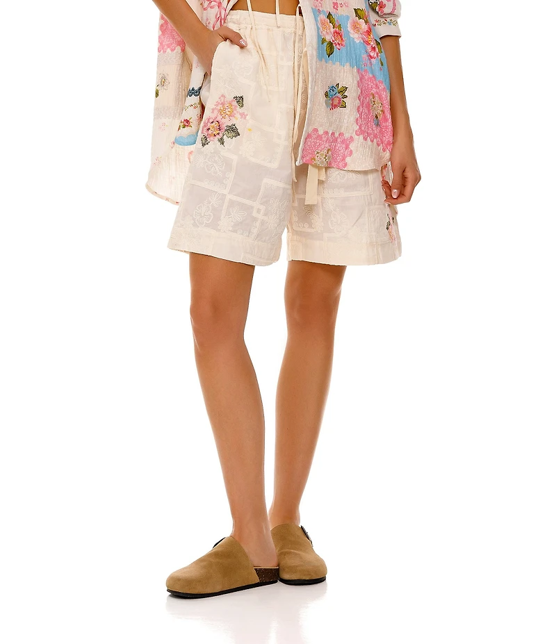 Agua Bendita Malaga Woven Embroidered Floral Elastic Waist Pull-On Shorts