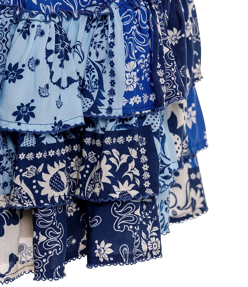 Agua Bendita Maona Scarf Print Criss-Cross Halter Neck Sleeveless Tiered Mini Dress